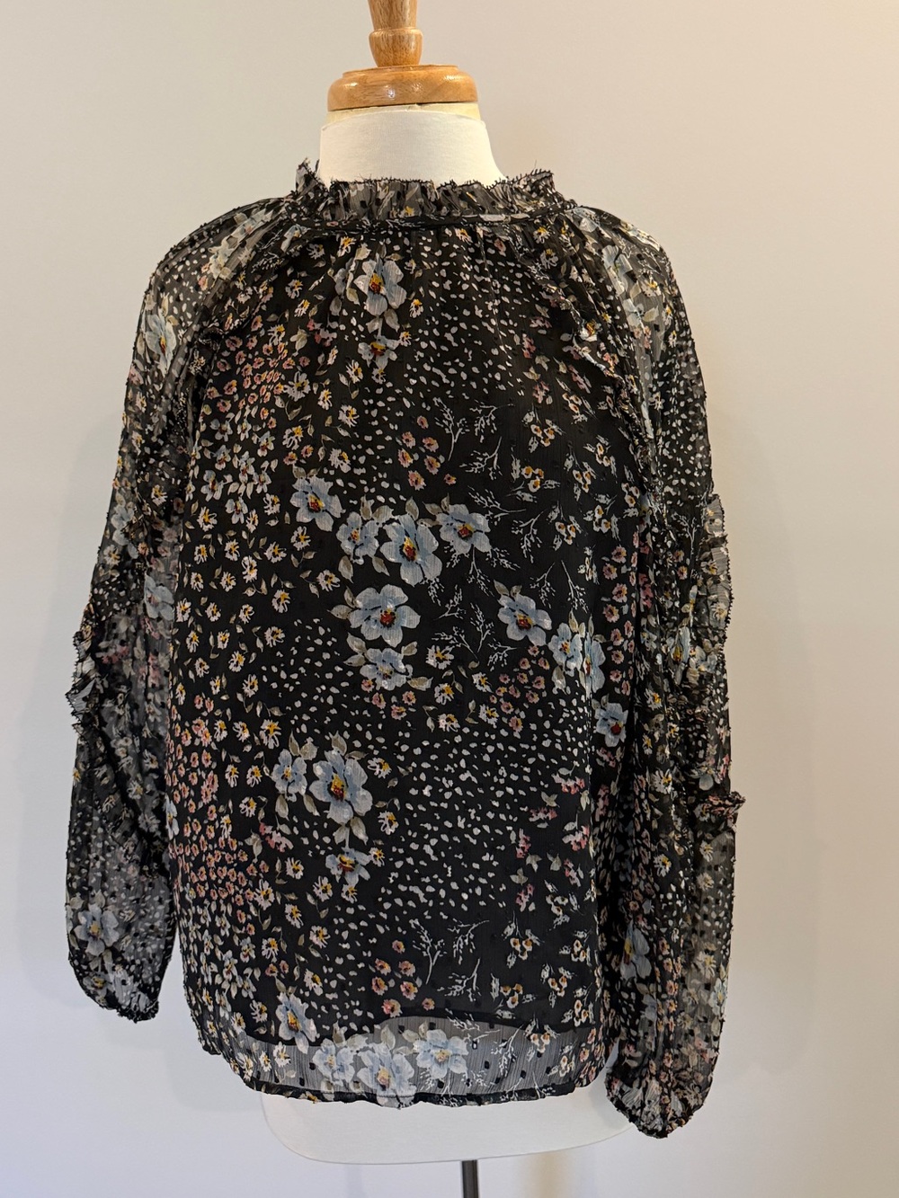 Loft Sheer Black Floral Blouse with Ruffled Neck